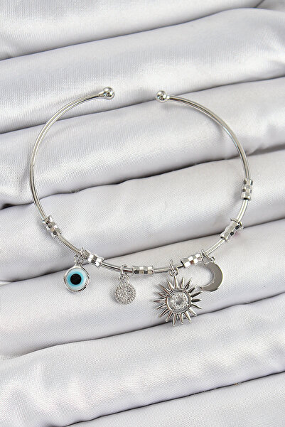 OGHAMAY Brass Zircon Stone Sun Moon and Evil Eye Model Silver Color Charm Bra...
