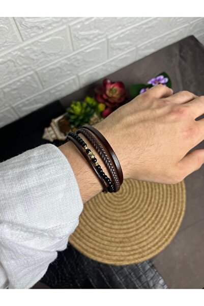 WAKHA Brown Leather Knitted Multi Men's Bracelet with Gold Stone and Bead Detail