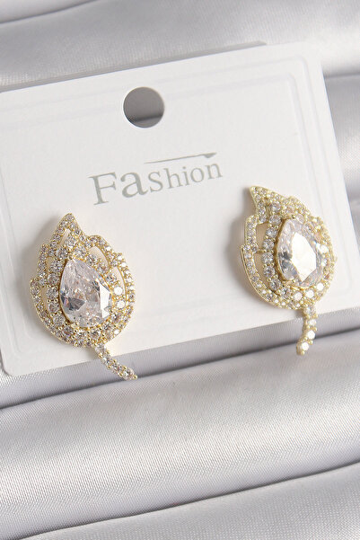 OGHAMAY Brass Gold Color Zircon Stone Leaf Model Women's Earrings