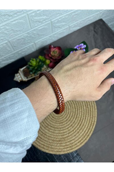 WAKHA Brown Hand-Knitted Leather Men's Bracelet