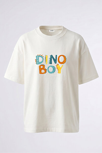 Anetos Tricou oversize alb din bumbac cu imprimeu pe spate Dino Boy Design