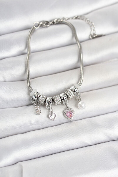 OGHAMAY Brass Silver Color Heart Detailed Charm Women's Bracelet