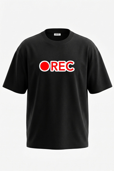 Anetos Tricou oversize negru din bumbac cu imprimeu pe spate REC Symbol Design