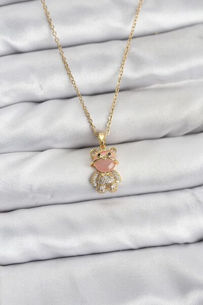 OGHAMAY 316L Steel Chain Gold Color Teddy Bear Model Zircon Stone Women's Nec...