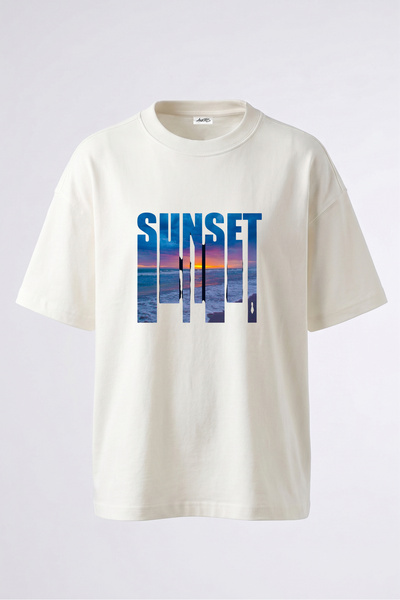 Anetos Tricou supradimensionat alb din bumbac cu imprimeu pe spate Sunset Bea...