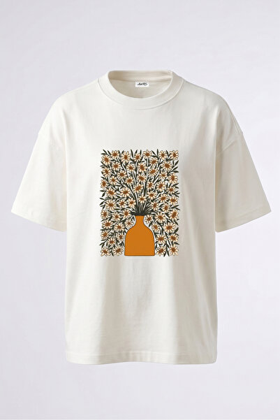 Anetos Tricou supradimensionat alb din bumbac cu imprimeu pe spate Vase Flowe...