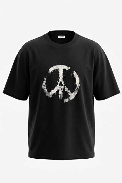 Anetos Tricou oversize negru din bumbac cu imprimeu Peace Skull Design