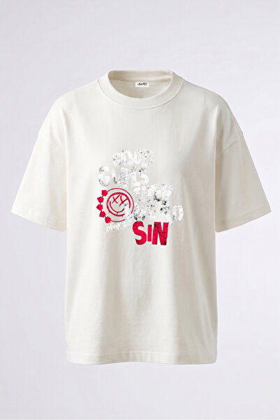 Anetos Tricou oversize alb din bumbac cu imprimeu pe spate cu logo Blink 182