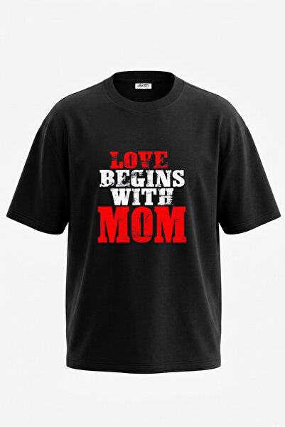 Anetos Love Mom Design Μπλουζάκι με στάμπα στην πλάτη, βαμβακερό μαύρο oversize