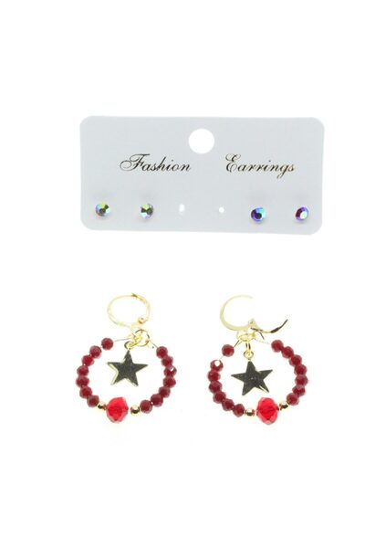 OGHAMAY Gold Color Round Star Combination Claret Red Bead Earrings - 2868