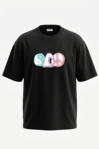 Anetos Tricou oversize negru din bumbac cu imprimeu pe spate Yin Yang Peace D...