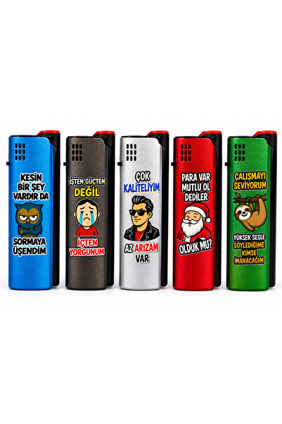 ONRSTORE Komik Yazılı Metal Görünümlü Çakmak Seti 5'li Karışık Desenli Hediye...