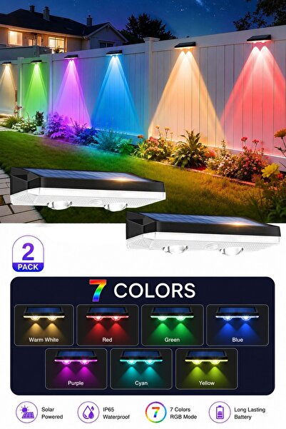 Deconitte Solar 7 Renkli RGB Çit Apliği 2’li Set, Güneş Enerjili Dış Mekan Du...