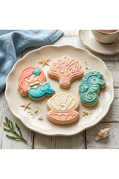 Lorvia 4-Piece Sea Concept Cookie Mold Set – Mermaid, Seahorse, Oyster, and C...