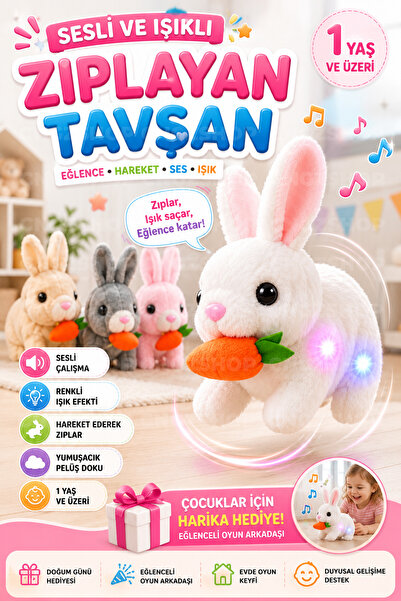 CNGZSHOP Sesli ve Işıklı Zıplayan Peluş Tavşan Pilli Hareketli Tavşan Oyuncak...