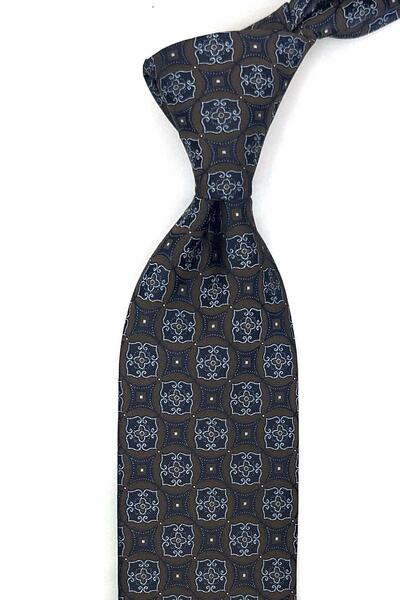 Kravatkolik Brown Motif Pattern Classic Tie with Handkerchief Kk13763
