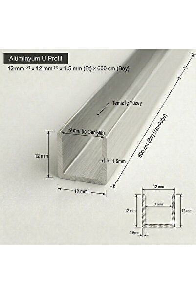Marka Alüminyum U Profil GRİ 12x12x1.5 mm - 600 cm - Dekoratif Metal Profil