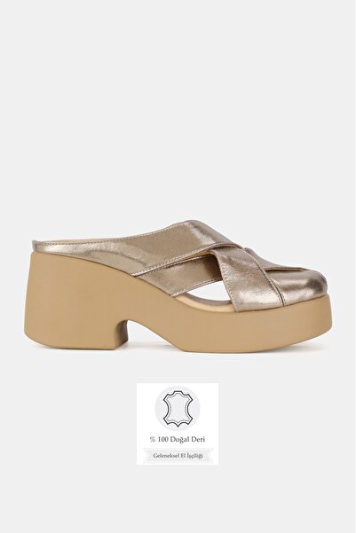 TUNAELLİ Papuci casual cu platformă din piele naturală, de damă, culoare platină