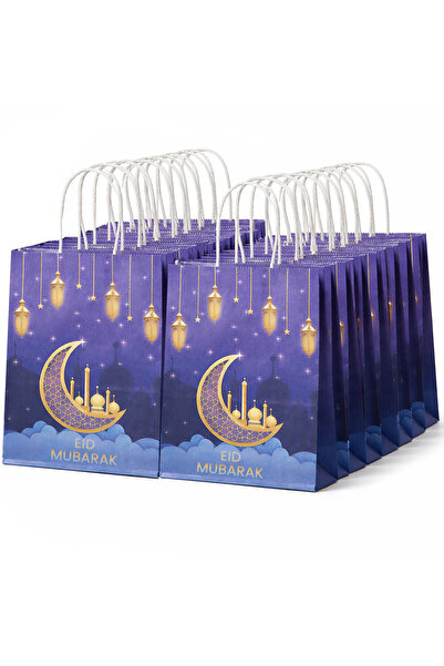 HI-FINE (ex123)12 Pack Eid Mubarak Kraft Gift Bags, Ramadan Moon Mosque Lante...
