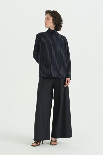 Nihan High Collar Aller Detailed Shirt - Navy Blue