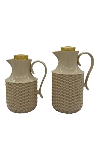 FWM Premium 2-Piece Vacuum Flask Set (1L & 0.6L) – Vintage Rattan Style Coffe...