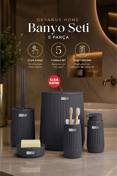 Okyanus Home Click Kapaklı Poşet Gizleyen 5 Parça Banyo Seti - Antrasit