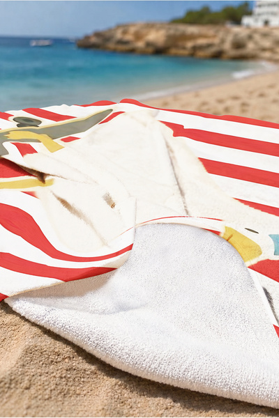 Evimde Bambaşka Duck with Skateboard Striped Kids Beach Towel - Red and White Fun Unisex Microfiber Towel