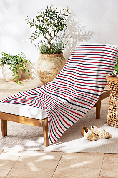Evimde Bambaşka Striped Marine Beach Towel - Navy Blue Red Modern Nautical Qu...