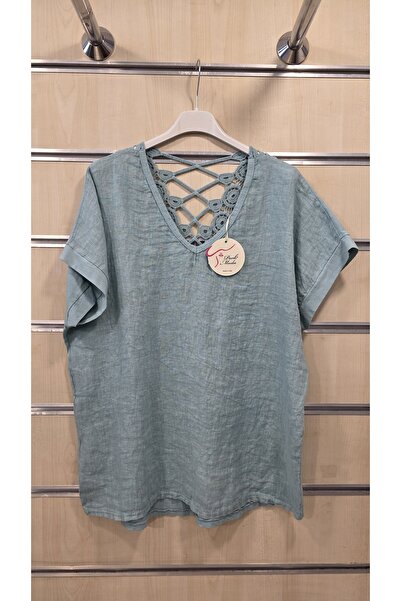 Park Moda Italian Linen Blouse with Lace Detail on the Back