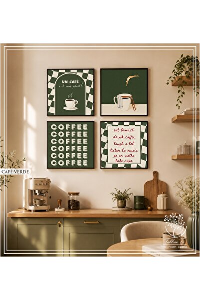 Tablomtr Cafe Verde- Dijital Baskılı Siyah Metal Çerçeveli Gerçek Camlı 4'lü ...