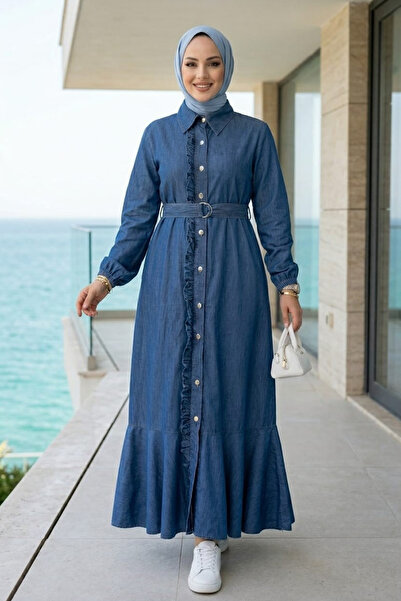 Hb Harma Time Butik Women's Ruffle Detailed Buttoned Belted Denim Blue Dress