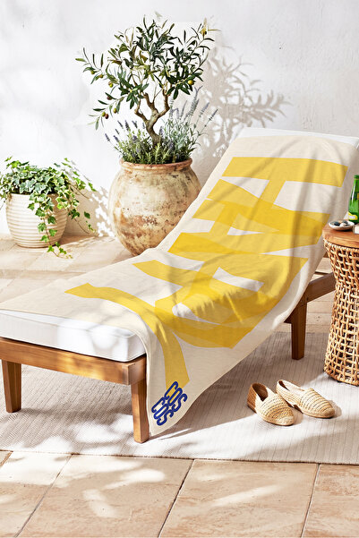 Evimde Bambaşka Happy Written Yellow Beach Towel Cover - Husă pentru prosop d...