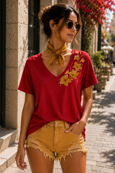 ArtYus Shoulder Floral Printed V-Neck Casual Unisex Oversize T-Shirt - Cotton...