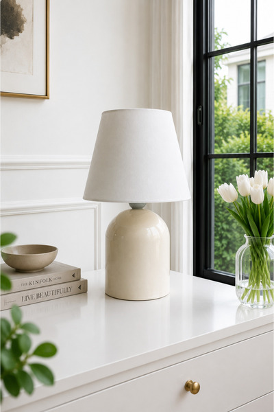 EvLight Liva Krem Metal Gövdeli 34 cm Krem Kumaş Abajur