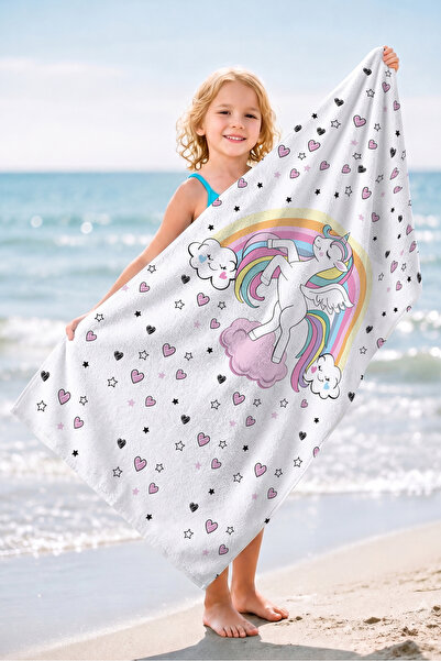 Evimde Bambaşka Unicorn Gökkuşağı Kız Çocuk Plaj Havlusu - Pastel Bulut Yıldı...