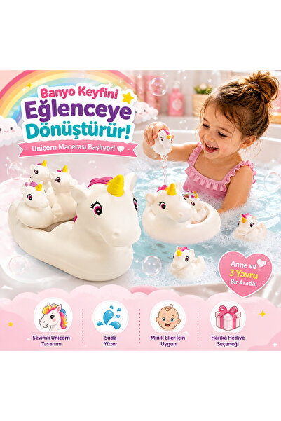 Cici Oyuncak Anne ve 3 Yavru Unicorn Vinil Banyo Oyuncağı Seti Suda Yüzen Eğl...