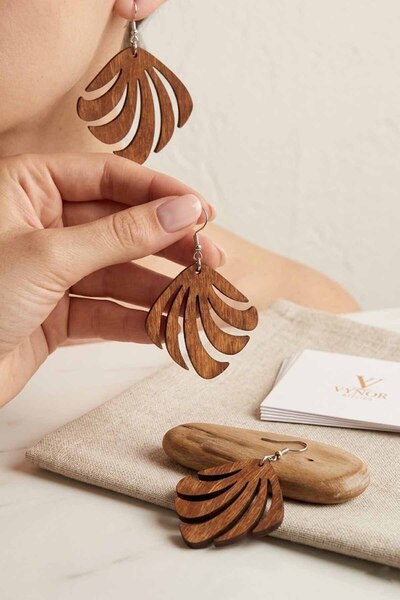 vynor atelier Women's Bohemian Natural Birch Wood Earrings Handmade Ethnic wi...