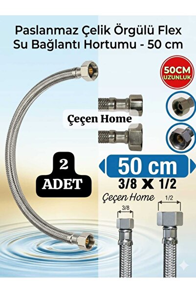 ÇEÇEN HOME (2 Adet) Paslanmaz Çelik Batarya Flex 50 CM, 3/8 - 1/2 Batarya Mus...