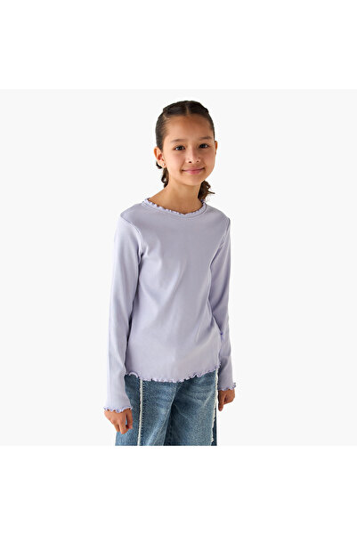 Juniors تي شيرت برقبة دائرية وأكمام طويلة بتصميم مضلع وزخرفة فيونكة