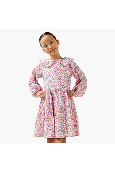 Juniors Peter Pan Collar Long Puff Sleeves Dress with Floral Print