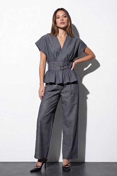 Quzu Women's Canvas Trousers Pnt02032 Navy Blue