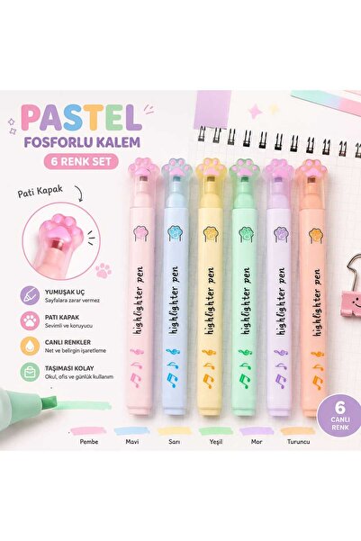 PeriMila Sevimli Pati Kapaklı Pastel Fosforlu Kalem Seti 6 Renk İşaretleme Ka...