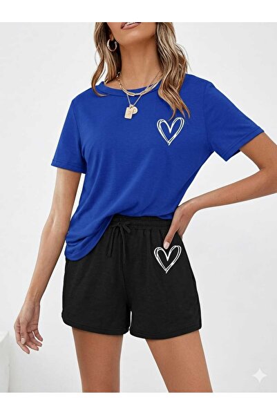 Gutsy T-Shirt Shorts 2-Piece Combination Thin Summer Minimal Heart Printed Wo...