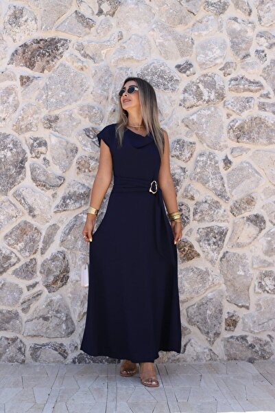 bytugcekaya Lacivert Kemer Detay Tokalı Elbise