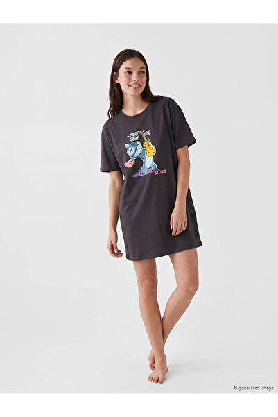 LC Waikiki Anthracite Stitch Printed Women's Nightgown