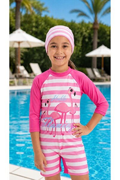 Kuzucuk Kids Bebek Çocuk Butik Kız Çocuk Flamingo Desenli Tam Kapalı Uv korum...