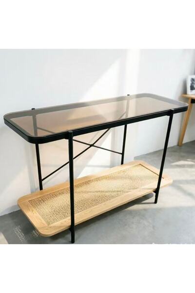 Bleco Minimalist 2-Layer Glass Decor Storage Table, Rattan Bottom Display Con...
