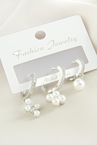 ZERO LAND Svl-Shop 3 Pieces Flower Pearl Zircon (70248) Stone Earrings-Yellow