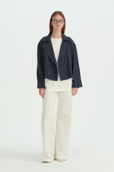 Nihan Double-Breasted Short Modal Trench Coat - Navy Blue