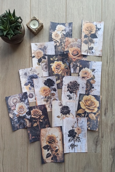 Kolbi Craft 16 Pieces of Antique Vintage Rose Themed Adhesive Scrapbook Paper Set Bullet Journal Decoupage Paper